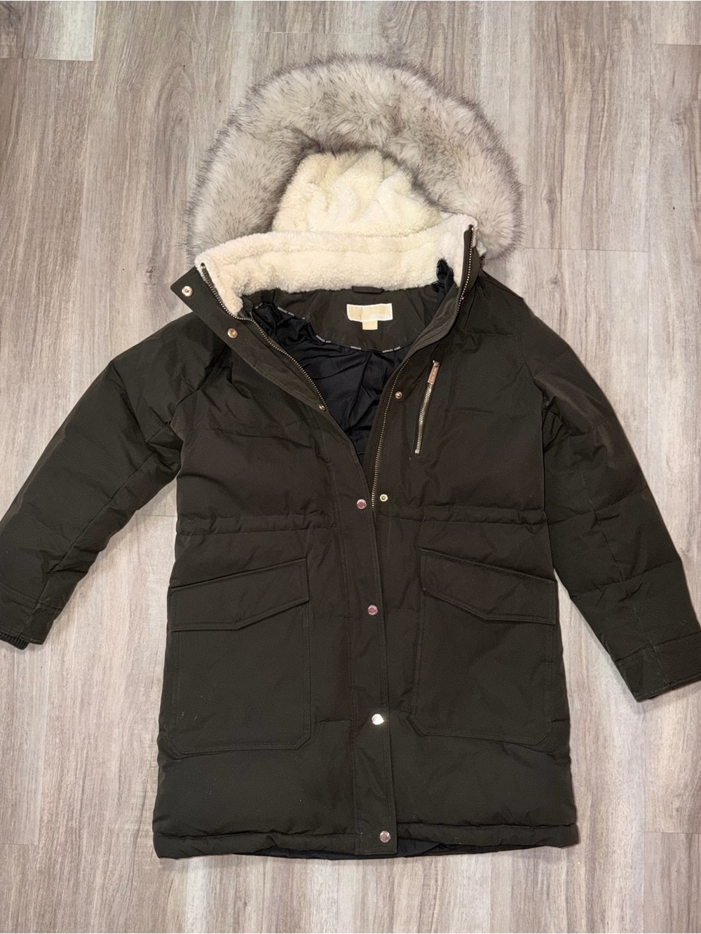Michael Kors Black Faux Fur Hooded Puffer Coat Size L